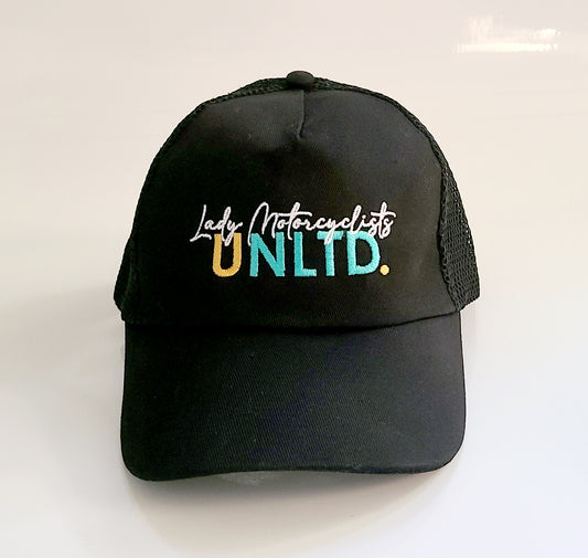 embroidered Lady Motorcyclists Unlimited logo trucker style cap